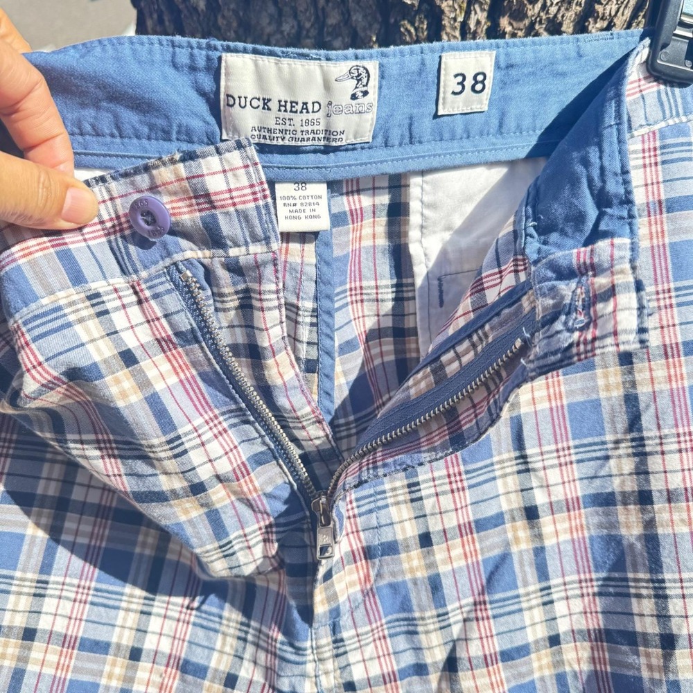 VTG Duck Head Jeans Plaid Shorts Mens Size 38 Blue Tan Red‎ Flat Front Casual
